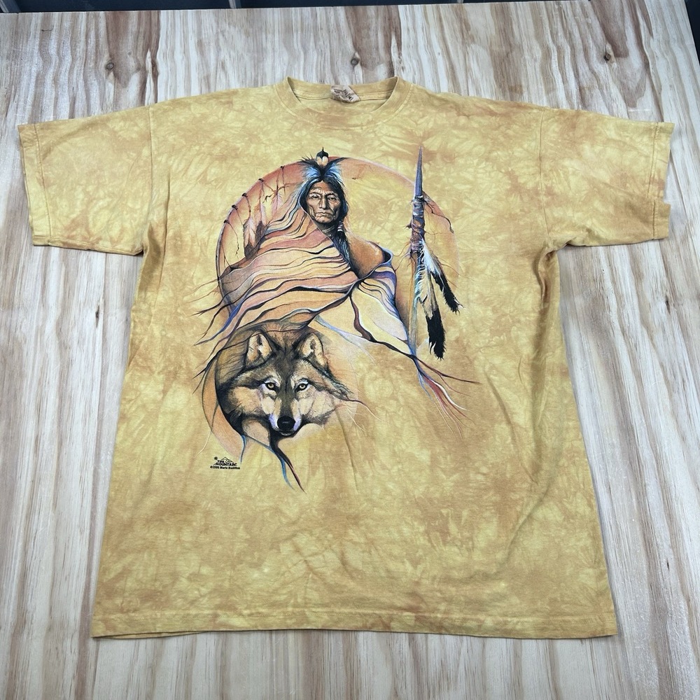 Vintage Y2K The Mountain Wolf Native American 2000 T-Shirt Yellow 2XL Tee